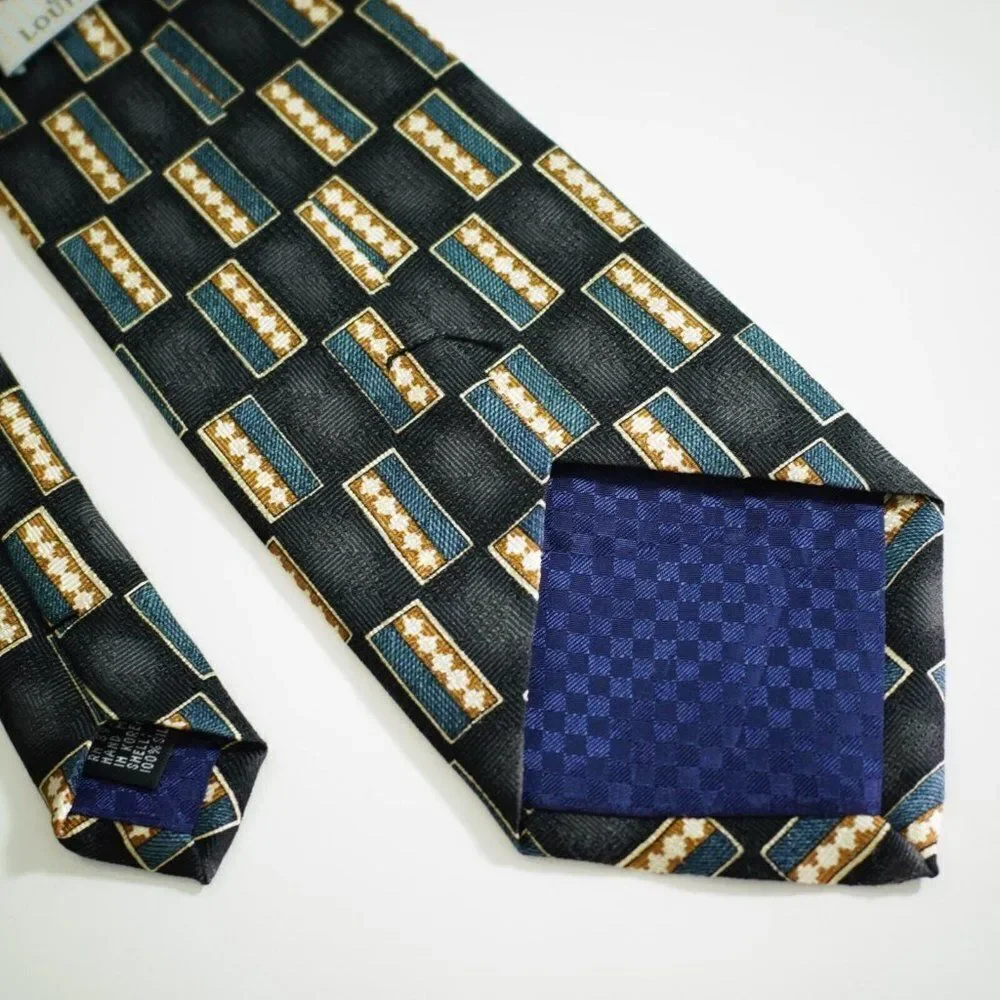 Louis Roth Black Blue Tan Abstract Geometric ‎ Jacquard Print Wide Silk Tie